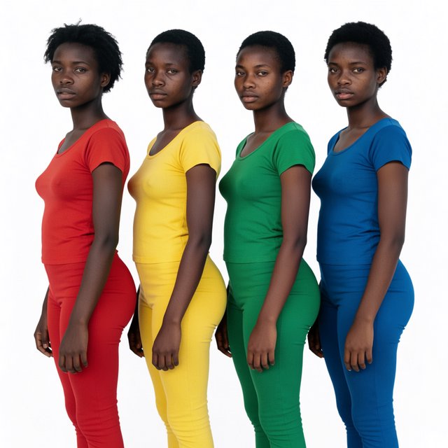 Realistic image of four women standing near each other. All are wearing fitted outfits. All are slim but still curvy Black women. Each woman has a unique, pretty face, and they all look different from one another. Full-body image. Plain background. — Model 10