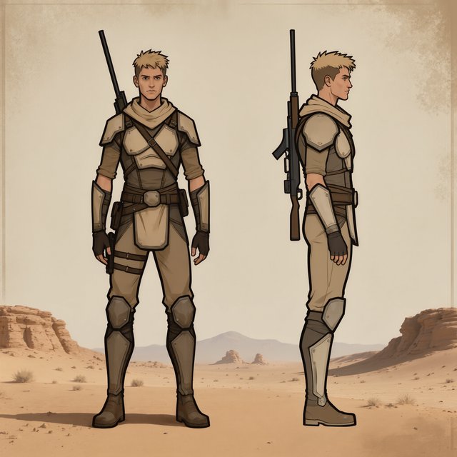 Character design sheet of a desert ranger in layered sand-coloured armour with a long rifle, front and side view, neutral background. — Kling v3 Omni