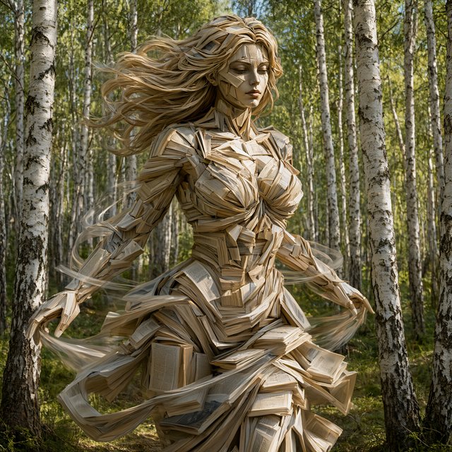 Create an adult odalisque entirely made of anthologies. The odalisque is formed from an anthology, with movement and motion blur that clearly shows its composition. The material should appear high quality, with dappled sunlight. The background is a birch forest, and the overall mood is Futurism. — Qwen Image 3.0 Pro