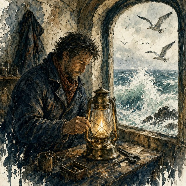 Ink-and-watercolour illustration of an adult lighthouse keeper repairing a brass lantern inside a windswept cliff tower, gulls circling beyond the window and sea spray glowing below. Palette of navy, rust, seafoam, and warm ivory, with expressive linework. — Grok Imagine Image 2