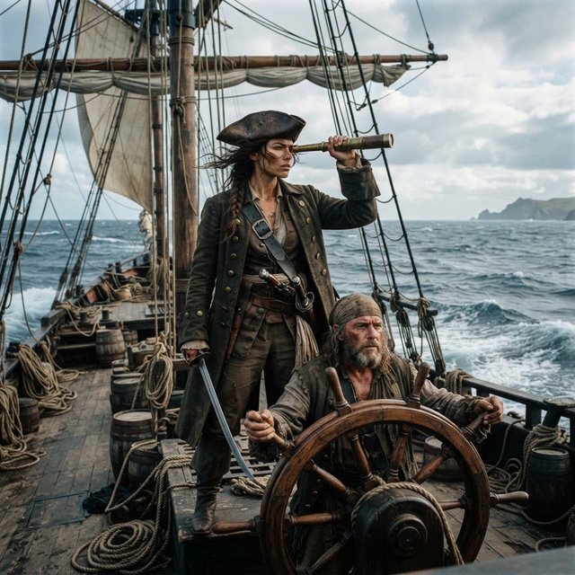 A pirate woman wearing a tricorne hat and an open coat stands behind the helmsman, scanning the horizon for danger. — Nano Banana 2 Lite