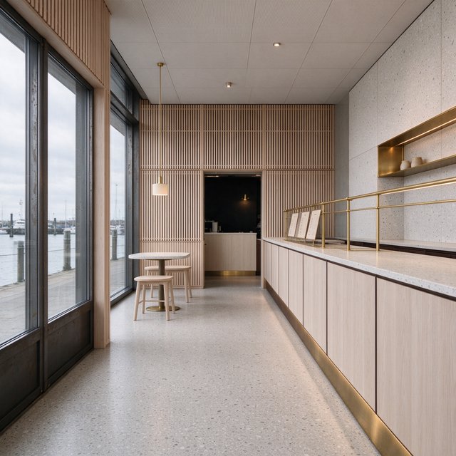 Inside an empty harbor café, restrained Danish modern design pairs ash slat screens, pale terrazzo, and brushed brass; overcast window light reaches the counter, viewed from the entrance, with aligned joinery and believable supports. — Model 19