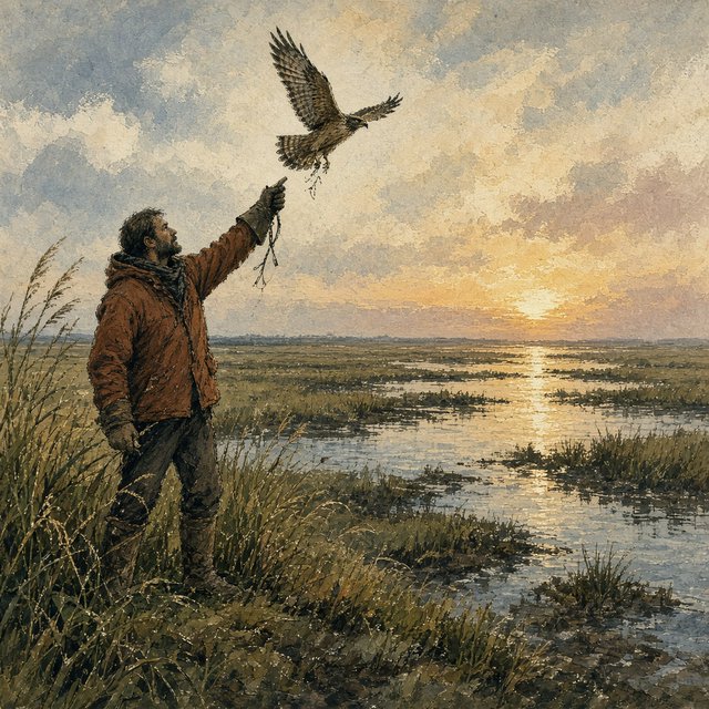Ink-and-gouache illustration of an adult falconer releasing a hawk above a salt marsh, reeds bending in the wind and tidal pools catching sunset. Palette of rust, moss green, pale gold, and slate blue, with lively brushwork. — Grok Imagine Image 2
