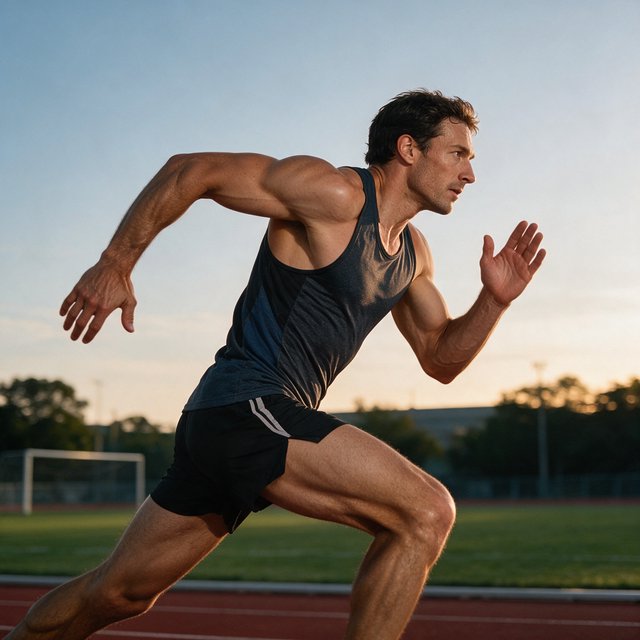 Adult male athlete in running shorts and a tank top mid-sprint on an outdoor track at dawn, muscles defined, motion captured sharply. — Seedream 5.0 Pro