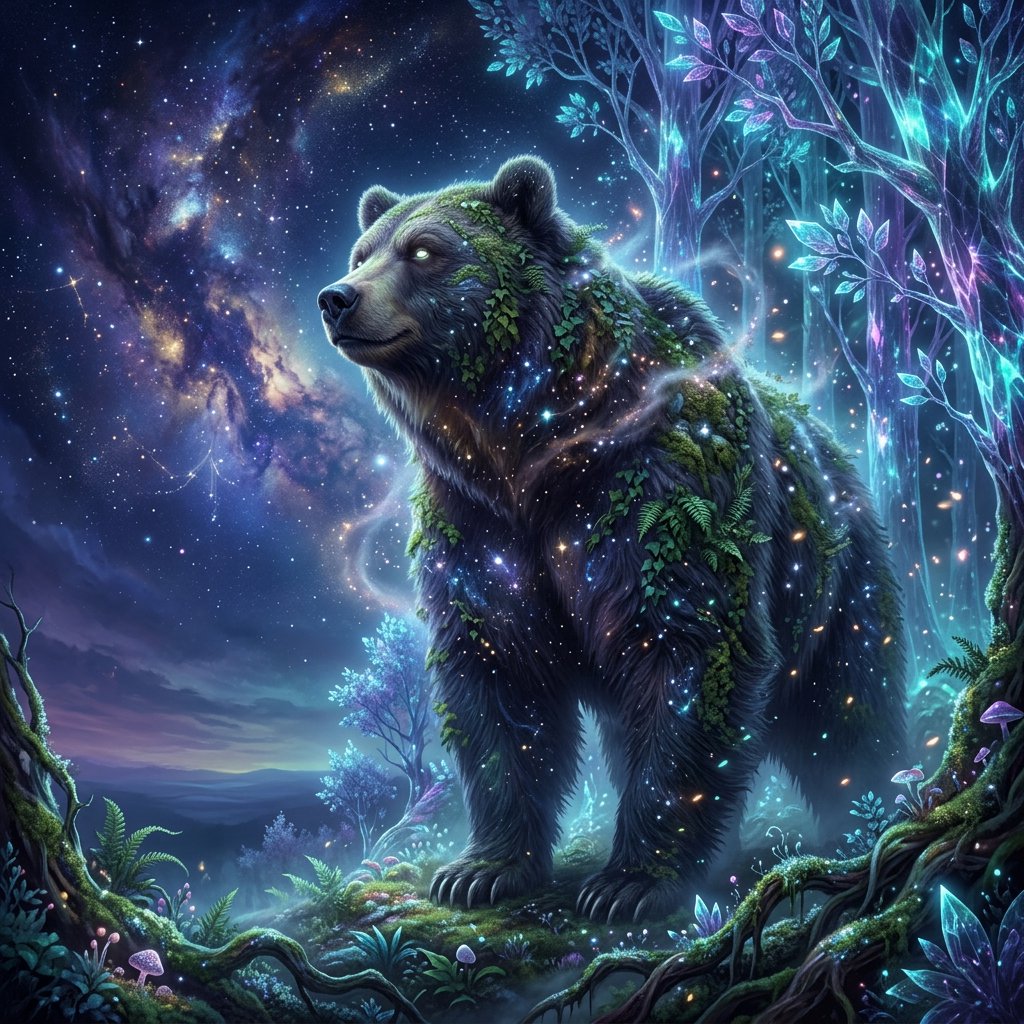 A colossal ancient bear, its fur woven with moss and starlight, stands at the edge of a shimmering, otherworldly forest. The trees are made of crystal and emit a soft, ethereal glow. In the distance, a nebula swirls in the twilight sky. The scene is rendered in a fantasy art style, with surrealist elements and cinematic lighting that emphasizes the majestic scale of nature. — Nano Banana 2.1