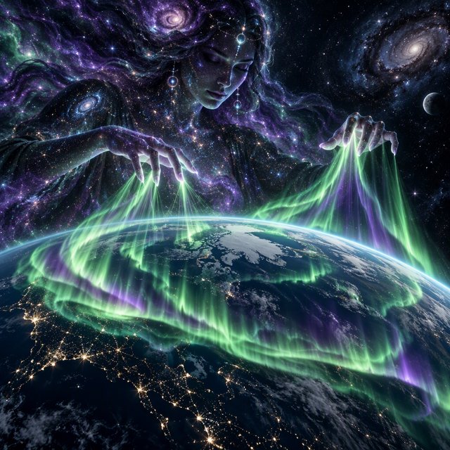 A cinematic wide-angle shot of an ethereal, gigantic adult female entity composed of stardust and nebulae. She hovers in the deep black of space, directly above the curvature of the Earth. Her fingers move like a harpist's, weaving luminous, emerald-green and violet aurora threads directly into the Earth's atmosphere. The polar lights appear like liquid silk, wrapping themselves around the planet. Realistic play of light, mystical atmosphere, bioluminescent colors, deep indigo and neon green. — GPT Image 2.5 Sunburst