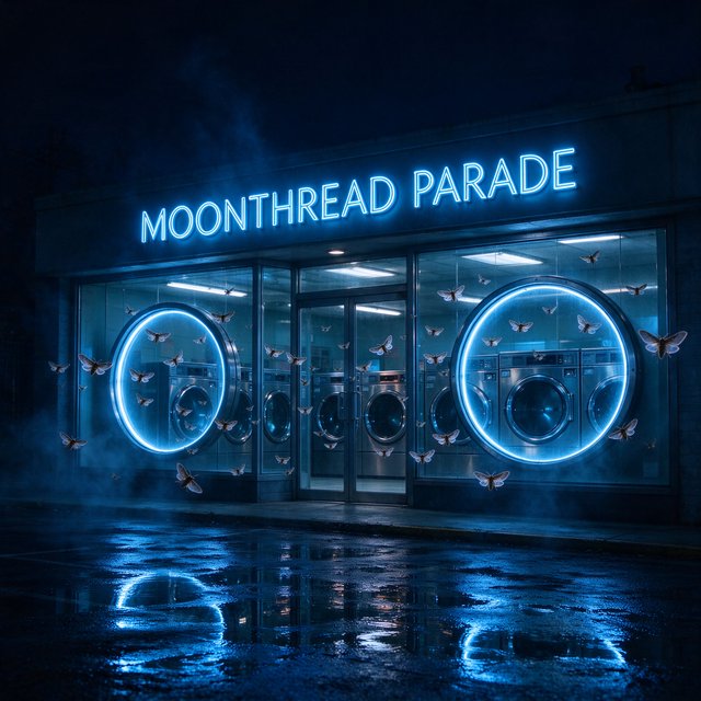 At midnight, moths circle the laundromat’s glowing round windows while chrome washing machines gleam inside; “MOONTHREAD PARADE” shines in icy blue neon above the entrance, reflected across the wet pavement, with no other lettering visible. — Seedream 5.0 Flash