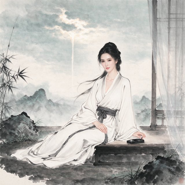 Heaven above, earth below. Ink-painting studio. Chinese painting style. Alluring. Peerless adult beauty. Radiant. — Seedream 5.0 Flash