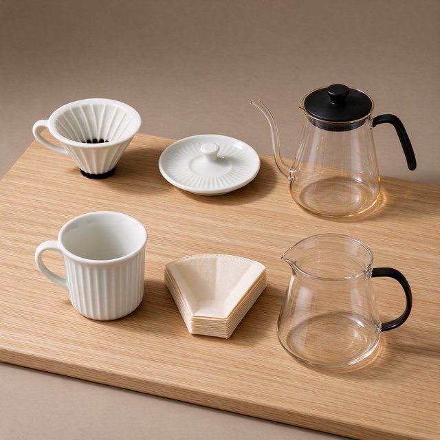 From directly overhead, an unbranded pour-over coffee set with ribbed porcelain and clear borosilicate components arranged in sequence on pale oak; warm taupe background, broad diffused softbox light and gentle side fill shape this commercial product image, no lettering. — Model 19