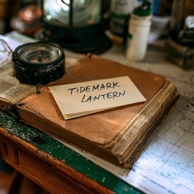 Beside a cliffside lighthouse, a salt-speckled logbook lies open on a chart table; "TIDEMARK LANTERN" is handwritten in looping dark-blue ink across a cream note tucked beneath the compass, with no other legible writing. — Midjourney V8.2