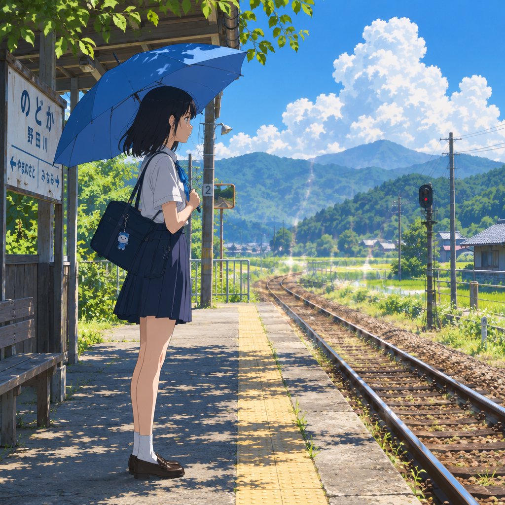Anime-style illustration of a girl with a blue umbrella waiting at a rural train station in summer, cicadas implied by heat haze, cel shading. — GPT Image 2.5 Flare