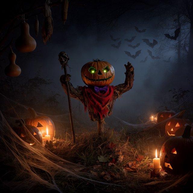 Chiaroscuro contrast, inner-lit glows, dense central detail fading into haze and velvety darkness. A pumpkin-headed scarecrow with a jack-o-lantern face, glowing eyes, stitched grin, bow tie, bark torso, and wooden staff stands in a night forest clearing with dry grass, cobwebs, bats, bare branches, — Model 11