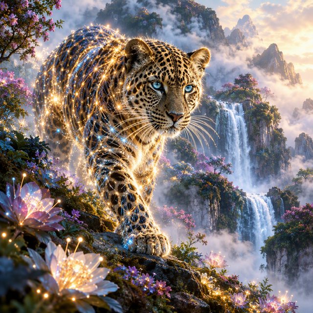 A majestic leopard, its fur detailed in intricate glowing fiber optics, emerges from a dreamlike, mist-shrouded floral mountain landscape with a waterfall in the background. The scene is bathed in ethereal light, evoking a sense of awe and wonder. — GPT Image 2.5 Flare