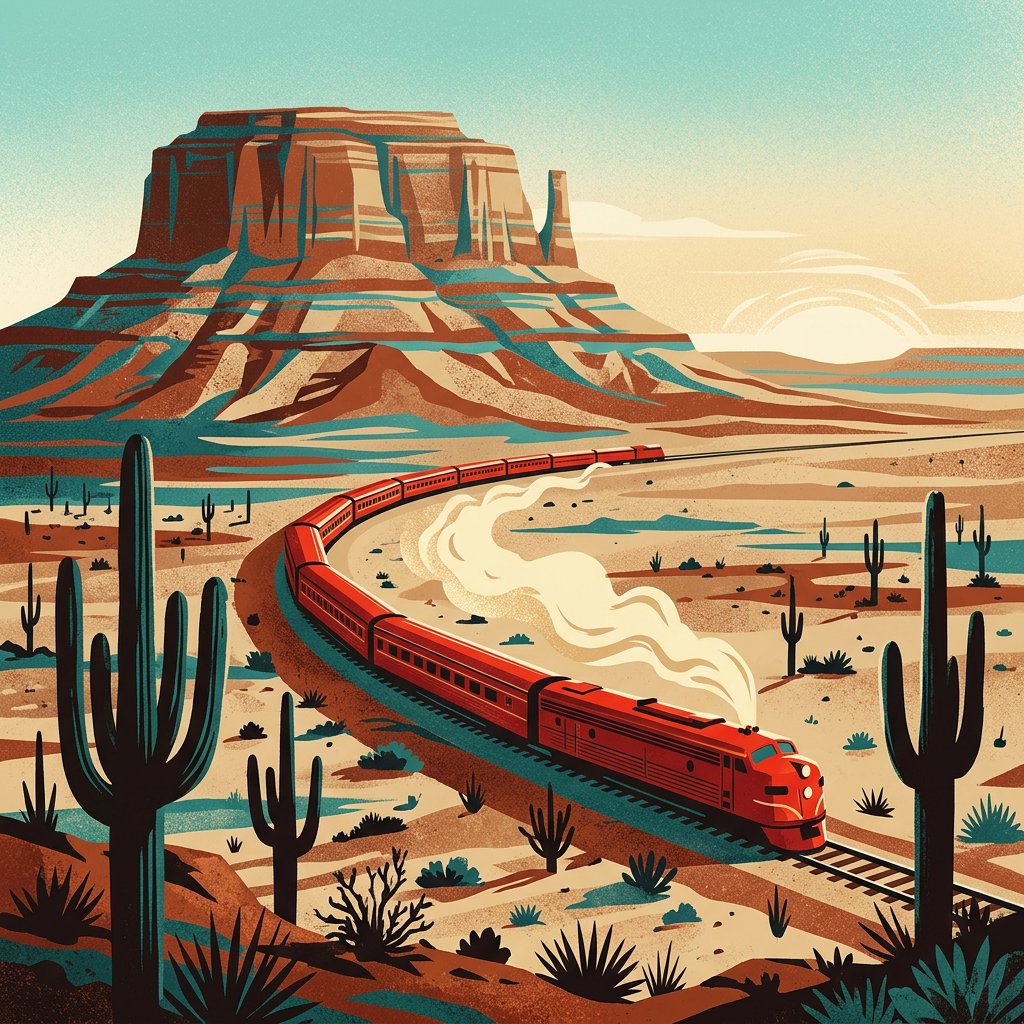 At dawn, a scarlet desert train curves past saguaro silhouettes toward a mesa; screen-printed gouache illustration in mid-century travel-poster style, palette of rust, turquoise, sand, and cream, no lettering. — Nano Banana 2.1