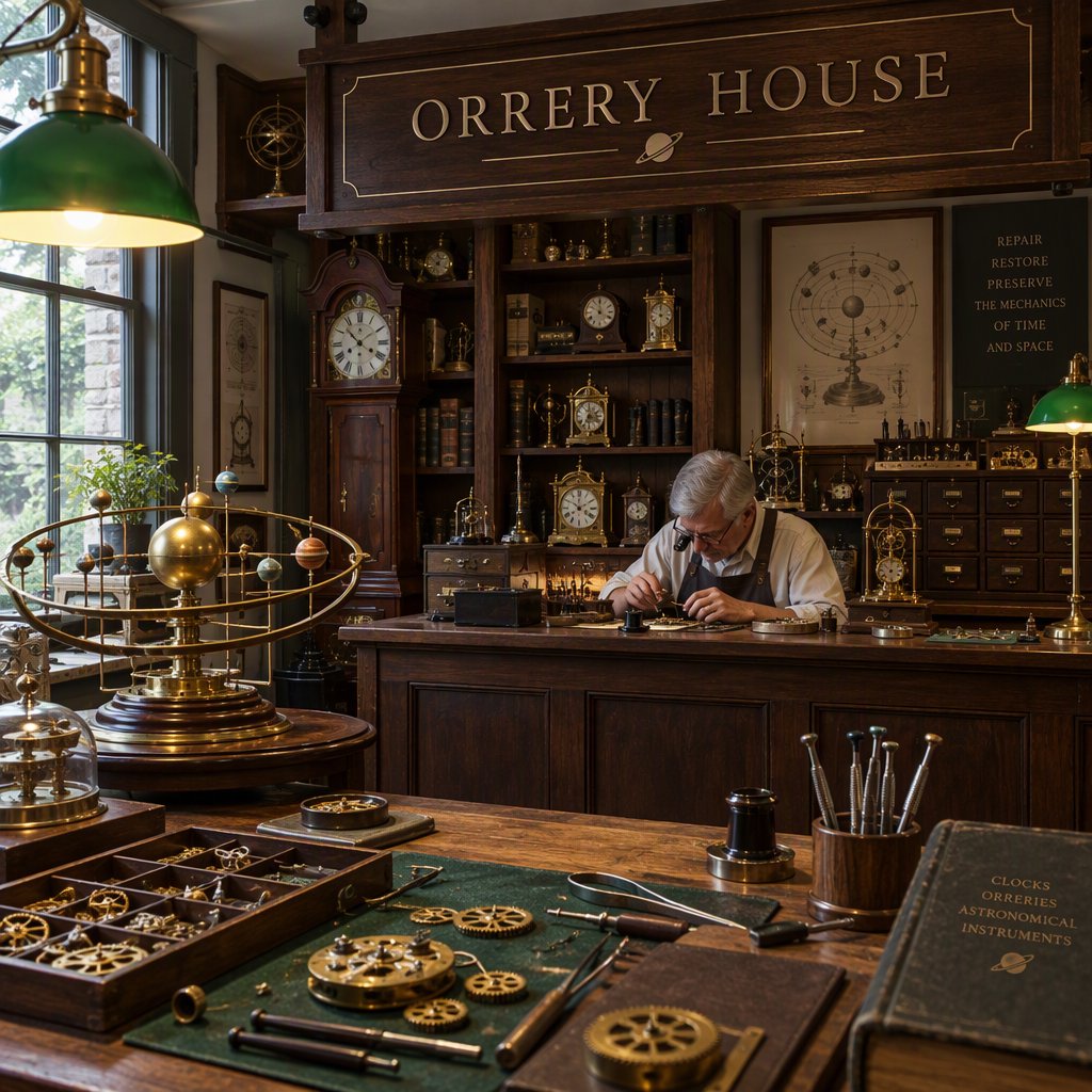 Inside a quiet clockmaker’s workshop, brass gears and tiny tools gleam beneath green-shaded lamps; "ORRERY HOUSE" is engraved in crisp serif letters on a dark walnut sign above the repair counter. — GPT Image 2.5 Flare