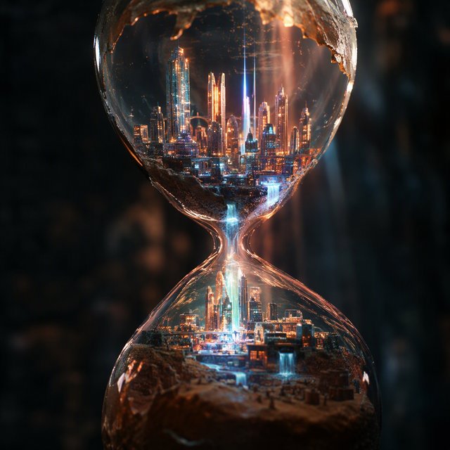 A macro close-up of a miniature glowing cyberpunk city built entirely inside a hollow cracked hourglass, tiny illuminated skyscrapers, flowing neon waterfalls, volumetric light rays piercing through sand, dark moody cinematic lighting, photorealistic depth of field — GPT Image 2.5 Flare