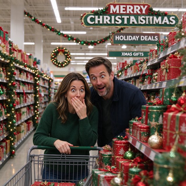 A husband and wife are shopping in a large, well-lit supermarket. They are surprised by what is for sale in the Christmas aisle. — Seedream 5.0 Flash
