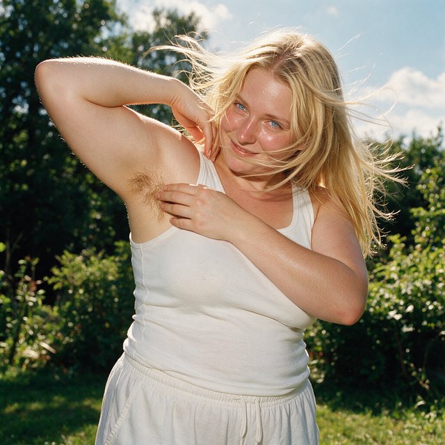 A vibrant medium shot of Cheyenne observing her armpit hair, her long blonde hair bouncing around her face, her blue eyes glimmering, and a soft smile playing on her lips. She is a 23-year-old adult with a very chubby body, a pointy nose, and thin blonde hairs on both forearms. She wears her signature white tank top and baggy shorts, standing against a backdrop of lush greenery and a sunny sky, with sunlight glimmering on her. — Seedream 5.0 Pro
