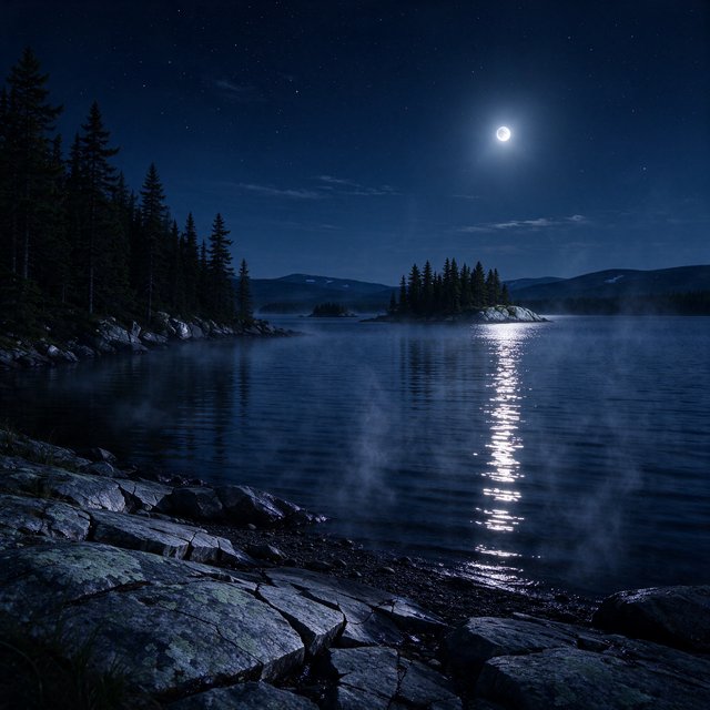 An expansive boreal lake beneath a clear, cold midnight sky, pale moonlight catching thin mist above dark water; spruce-covered islands recede toward distant ridges, while lichen and cracked granite sharpen the near shoreline. — Seedream 5.0 Flash