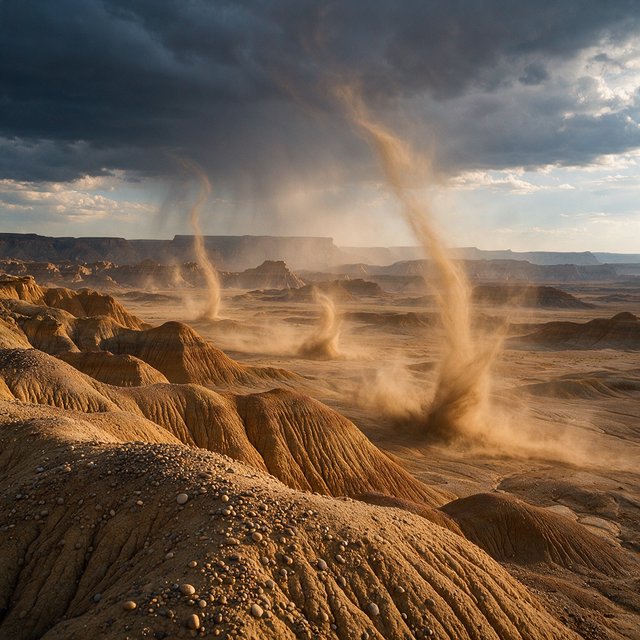 Wind-driven dust devils spiral across ochre badlands beneath a storm-clearing late-afternoon sky; pebble-studded clay ridges and tiny erosion grooves sharpen nearby, while layered mesas recede through veils of rain. — Seedream 5.0 Pro