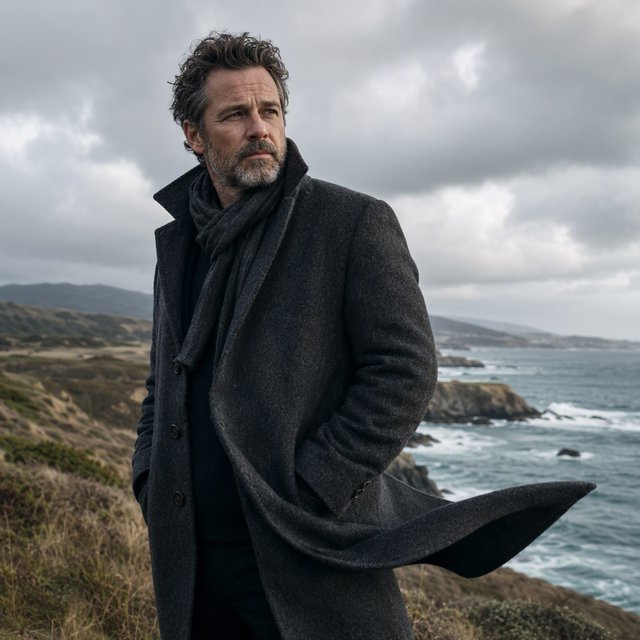 Wind lifts the hem of a charcoal wool coat as an adult man in his late 40s keeps a pensive gaze. The portrait frames him against a windswept coastal bluff beneath cool, cloud-filtered daylight. — GPT Image 2