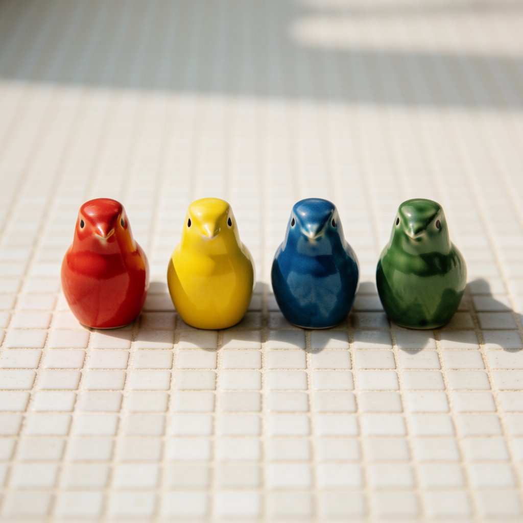 On a sunlit tiled ledge, exactly four ceramic bird figurines form a row: red at far left, yellow at left-center, blue at right-center, and green at far right; all face forward, nothing else. — Krea 2 Medium