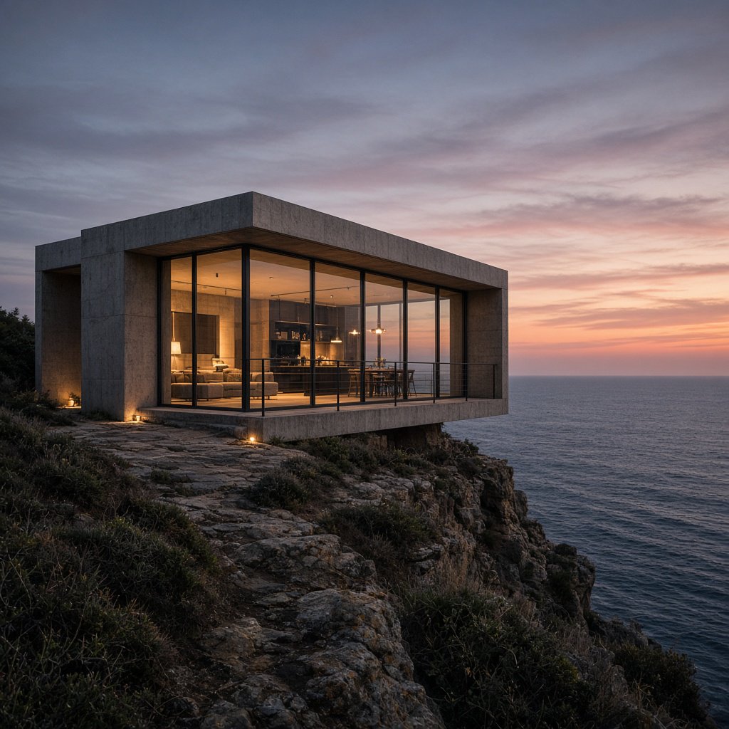 Exterior of a small concrete-and-glass house on a cliff above the sea, dusk, interior lights on, architectural photography. — Grok Imagine Image 2