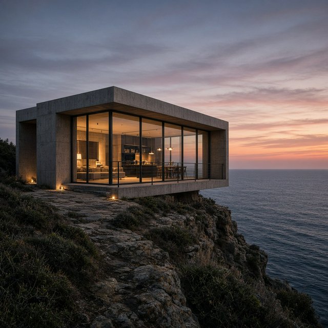 Exterior of a small concrete-and-glass house on a cliff above the sea, dusk, interior lights on, architectural photography. — Grok Imagine Image 2
