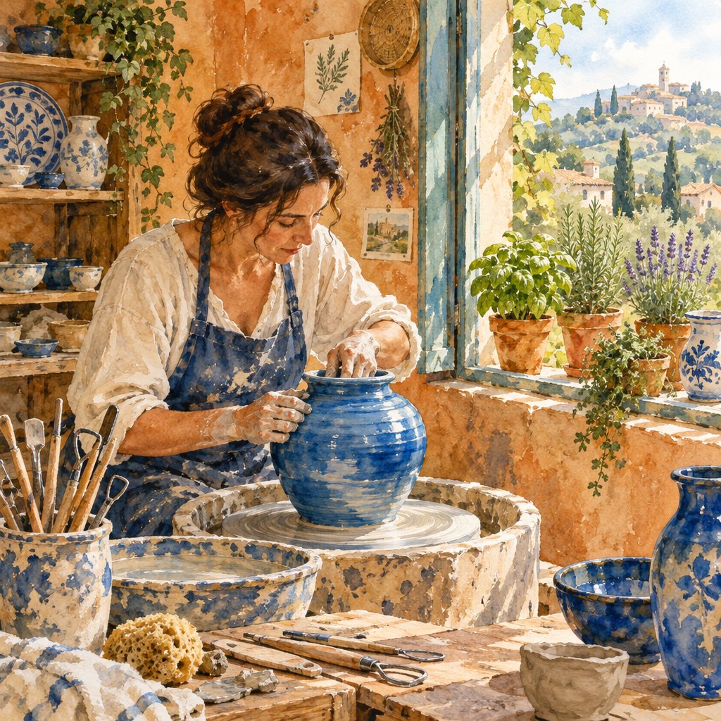 Watercolour illustration of an adult ceramicist shaping a luminous blue vessel beside an open workshop window, surrounded by clay tools, potted herbs, and sunlit terracotta walls. Palette of cobalt, ochre, sage, and cream, with soft flowing brushwork. — GPT Image 2.5 Flare