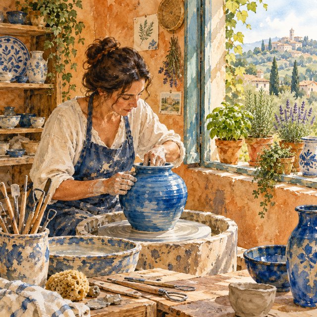 Watercolour illustration of an adult ceramicist shaping a luminous blue vessel beside an open workshop window, surrounded by clay tools, potted herbs, and sunlit terracotta walls. Palette of cobalt, ochre, sage, and cream, with soft flowing brushwork. — GPT Image 2.5 Flare