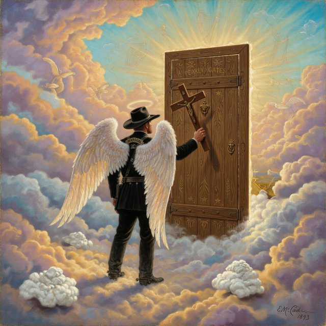 Create a painted image of a frontier lawman in heaven, facing away from the camera with angel wings. He is standing on a ground made of clouds, with a door in front of him. Holding a cross, he uses it to knock on the door. — Grok Imagine Image Quality