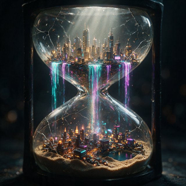 A macro close-up of a miniature glowing cyberpunk city built entirely inside a hollow cracked hourglass, tiny illuminated skyscrapers, flowing neon waterfalls, volumetric light rays piercing through sand, dark moody cinematic lighting, photorealistic depth of field — Seedream 5.0 Pro