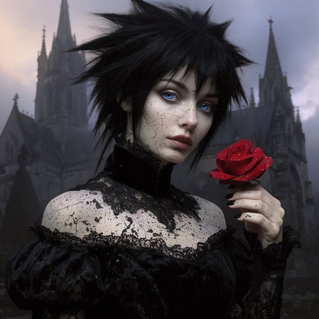 Atmospheric lighting creates soft background gradients through value blending, and surreal dark textures produce cracked surfaces and splatter via organic mark making. The fusion manifests as lace edges, dramatic chiaroscuro, and sharp focal contrast, transforming any subject through meticulous gothic surface modeling. A gothic woman depicted in 2026, with spiky black hair, blue eyes, and pale skin, wearing a black off-shoulder lace dress with a high ornate collar and puffed sleeves, holding a red rose. Close-up at eye level, the woman facing forward with her head slightly tilted, gazing directly at the viewer, holding a red rose in her right hand near her shoulder. Scene set before a gothic cathedral during overcast twilight, with misty atmosphere, featuring tall church spires in the background. — Krea 2 Large