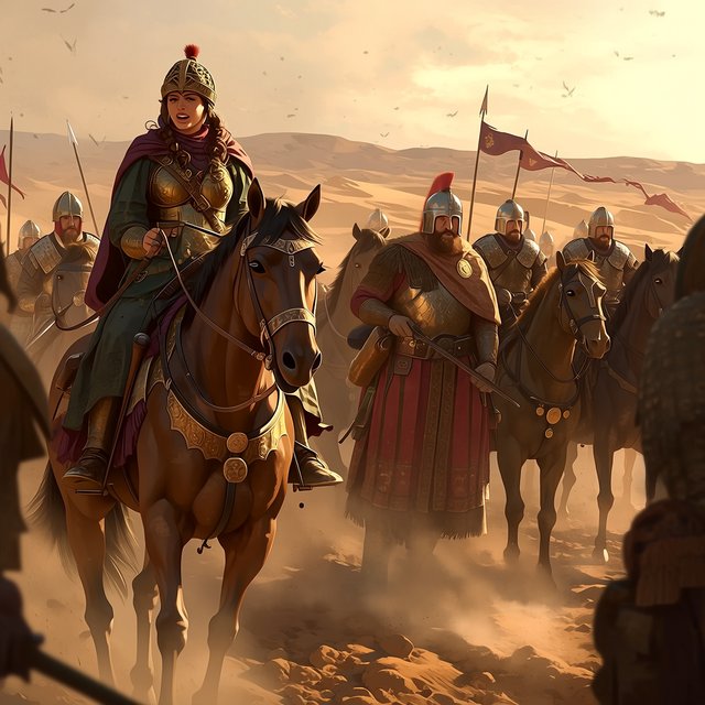 Film capture. Cinematic scene of the Byzantine empress being captured by Sassanid cataphracts. Harsh desert lighting. Shallow depth of field. The image takes place in the aftermath of a battle. All of the subjects are dusty and disheveled. — Midjourney Niji 7