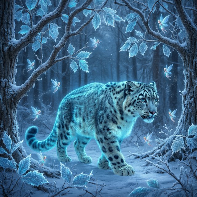 A majestic snow leopard, its fur shimmering with an internal bioluminescent glow, stalks through a frozen, enchanted forest. Crystalline trees with glowing, frost-covered leaves create a magical winter wonderland. Tiny, winged sprites flit between the branches, leaving trails of stardust. The image should capture the essence of a fairytale winter scene with a touch of photorealism, emphasizing the mystical light and the creature's ethereal presence. — Model 17