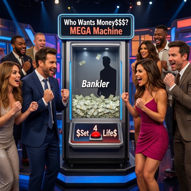 People on the set of a super mega game show called "Who Wants Money$$$?". There are at least six adults (three men and three women), all of different races, looking really excited. There is a big machine with a lot of cash inside. At the top of the machine it says "Who Wants Money$$$? MEGA Machine". In the middle of the machine it says "Banker", with the shadow of a man near the name. At the bottom of the machine it says "$Set 4 Life$", with a red button in the middle of the words. Near the machine are game hosts on both sides of it: a handsome man and a pretty woman. — Qwen Image 3.0