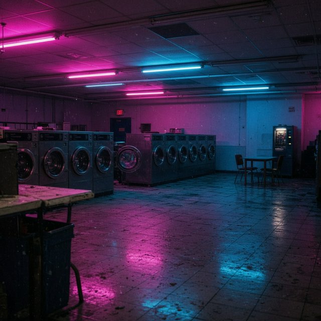 Neon washes a nearly empty overnight laundromat, reflections trembling across tiled floor and spinning steel drums. A handheld street snapshot under magenta and cyan tubes, shot at 35mm with moderate depth of field, catches lint drifting in the air. — Grok Imagine Image 2