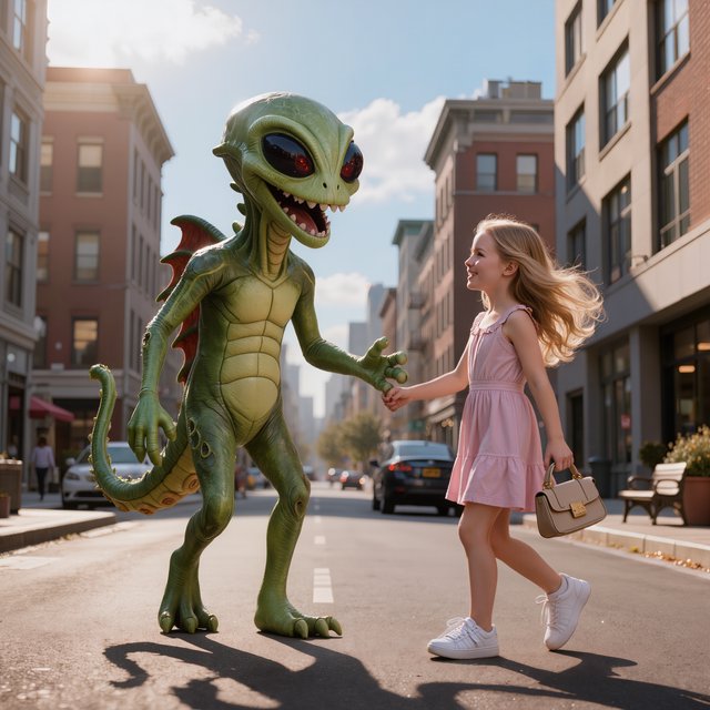 Alien monster walking down the street, greeting a beautiful woman walking toward him down the street on a lovely sunny day! — Kling v3