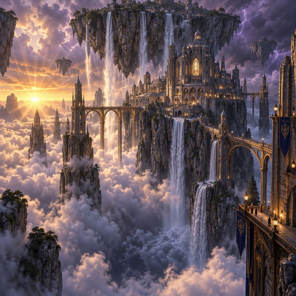 A colossal cliffside monastery hangs beneath a floating island, its waterfalls falling into luminous cloud seas. Bronze bridges connect needle towers, while dawn rays pierce violet storms and tiny windows glow above an endless abyss. — GPT Image 2.5 Sunburst