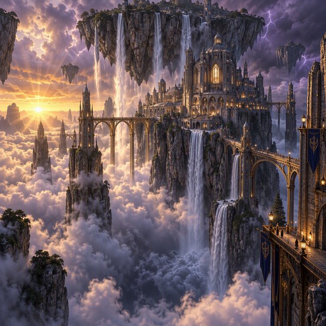 A colossal cliffside monastery hangs beneath a floating island, its waterfalls falling into luminous cloud seas. Bronze bridges connect needle towers, while dawn rays pierce violet storms and tiny windows glow above an endless abyss. — GPT Image 2.5 Sunburst