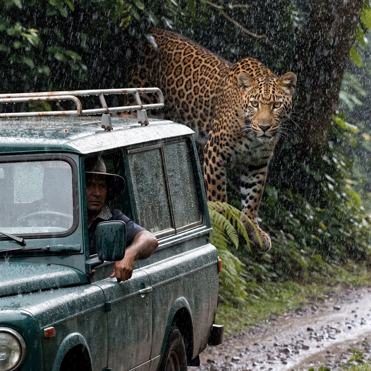 An adult on a jungle safari in his car, with a leopard lurking behind him in the bushes — Recraft v4 Pro