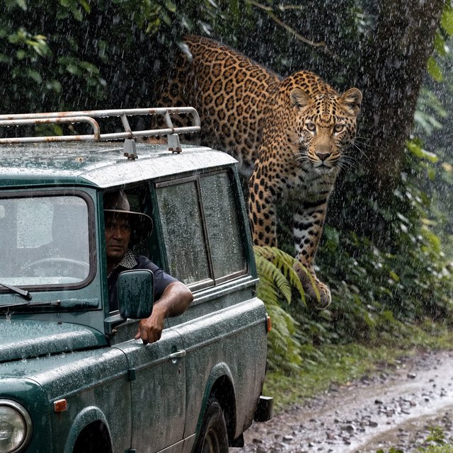 An adult on a jungle safari in his car, with a leopard lurking behind him in the bushes — Recraft v4 Pro