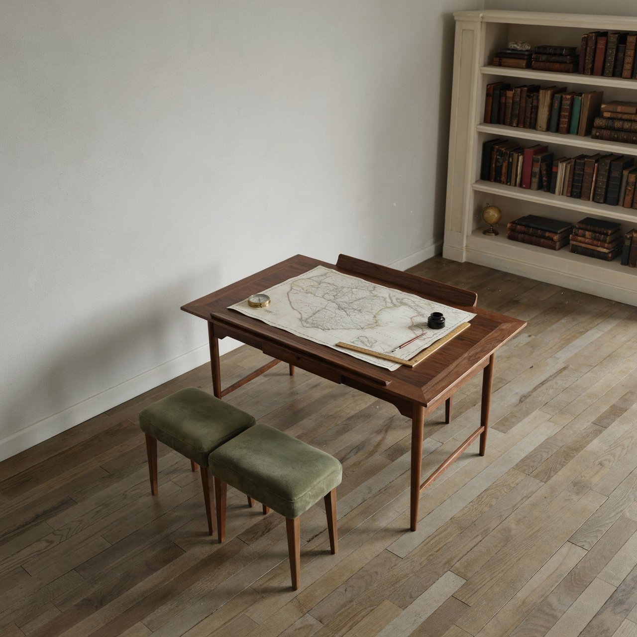 A quiet mapmaking room contains exactly one walnut drafting desk at the center, two moss-green stools side by side along its west edge, and one cream bookcase against the north wall; pale morning light, nothing else. — Ideogram v4