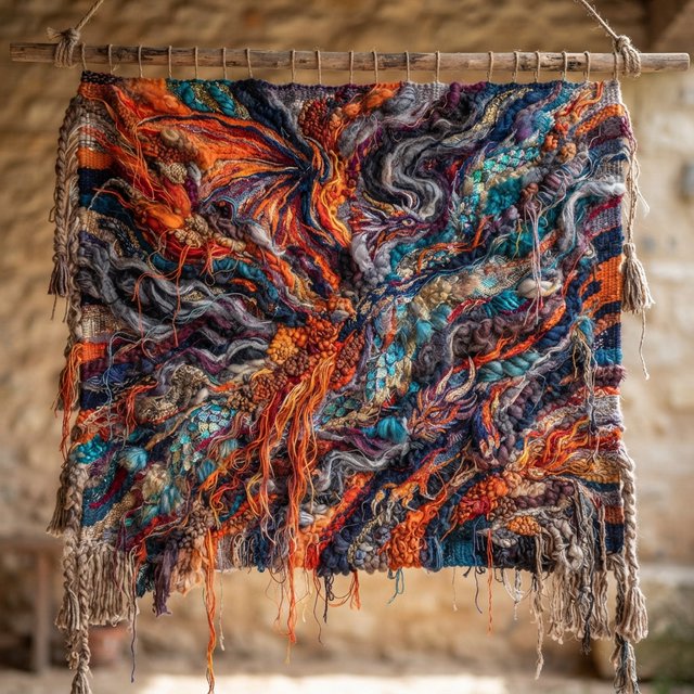 An abstract tapestry woven from the dreams of a sleeping dragon, depicted as a chaotic yet beautiful explosion of iridescent scales, fiery embers, and swirling smoke. The composition is dynamic and energetic, with bold brushstrokes and a rich, textured surface. The style is abstract expressionism, capturing the raw, untamed essence of draconic power. — Nano Banana 2 Lite