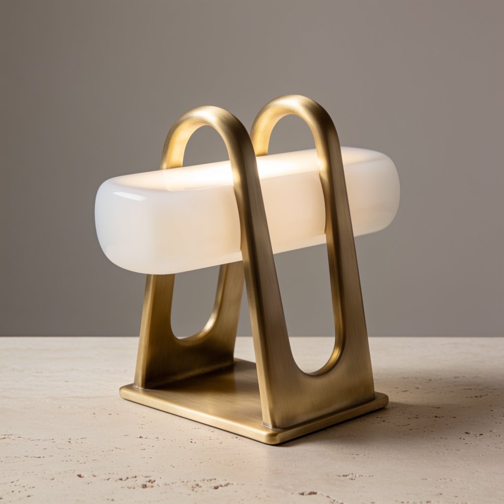 Commercial product photograph of an unbranded sculptural desk lamp made from brushed brass and opal glass, resting on pale travertine, against a warm gray background, with soft diffused light from upper left and gentle grounding shadow. — Krea 2 Medium