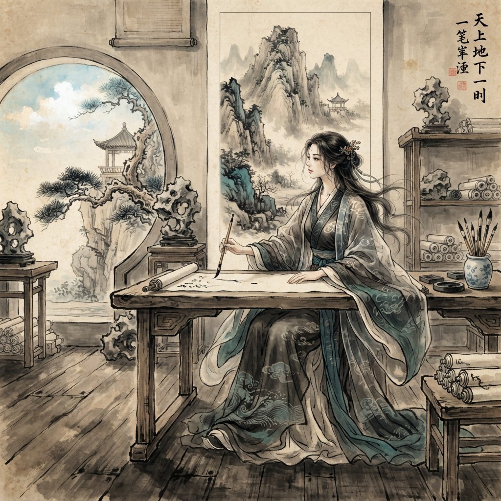 Heaven above, earth below. Ink-painting studio. Chinese painting style. Alluring. Peerless adult beauty. Radiant. — Nano Banana 2 Lite