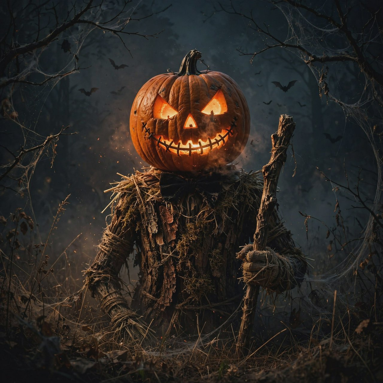 Chiaroscuro contrast, inner-lit glows, dense central detail fading into haze and velvety darkness. A pumpkin-headed scarecrow with a jack-o-lantern face, glowing eyes, stitched grin, bow tie, bark torso, and wooden staff stands in a night forest clearing with dry grass, cobwebs, bats, bare branches, — Muse Image 1.0