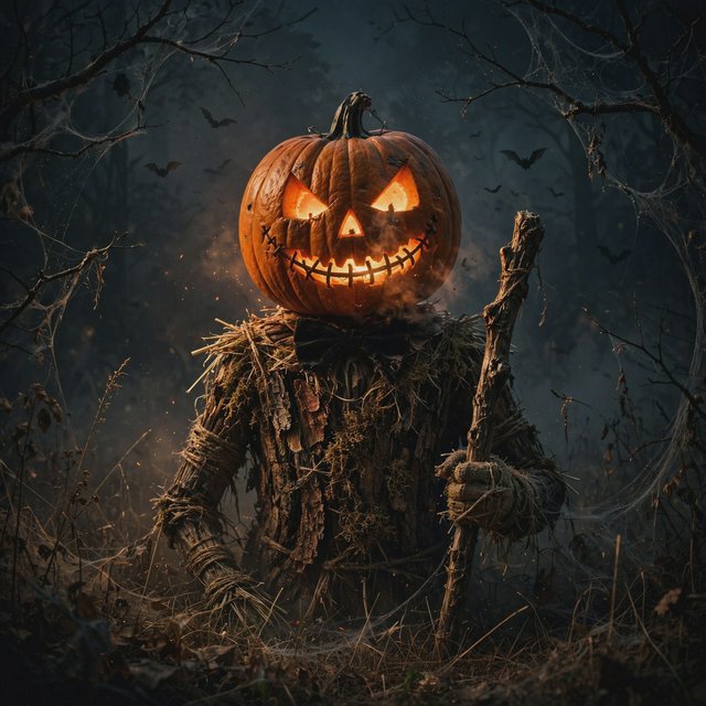 Chiaroscuro contrast, inner-lit glows, dense central detail fading into haze and velvety darkness. A pumpkin-headed scarecrow with a jack-o-lantern face, glowing eyes, stitched grin, bow tie, bark torso, and wooden staff stands in a night forest clearing with dry grass, cobwebs, bats, bare branches, — Model 14
