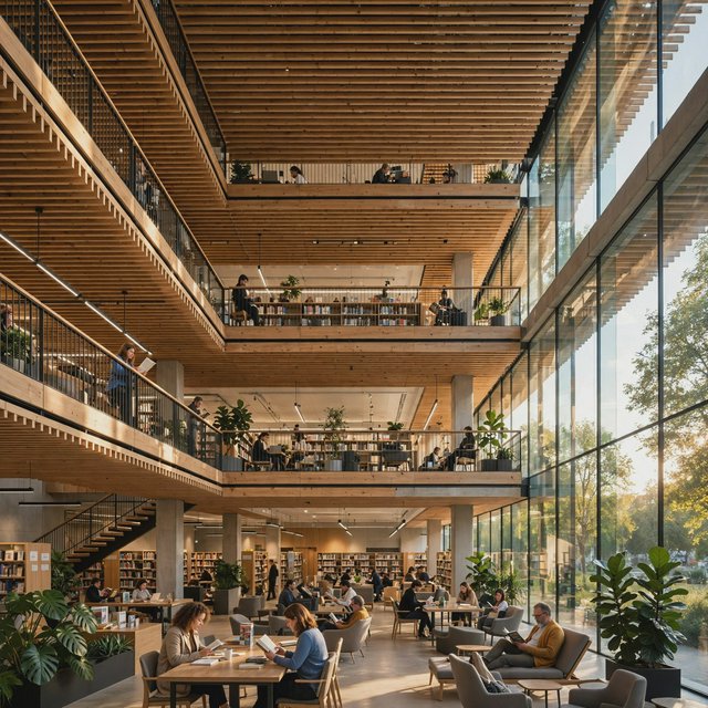 Interior of a modern public library with a three-storey atrium, timber ceiling slats, people reading, afternoon light through a glass wall. — Muse Image 1.0