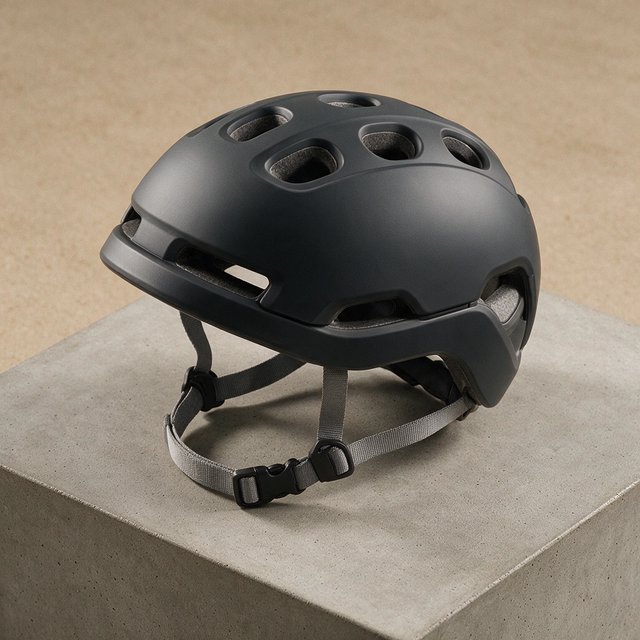 Commercial product photograph of an unbranded folding bicycle helmet made from matte charcoal polymer with soft gray padding, resting on a honed concrete plinth against a muted sand background, illuminated by a broad overhead softbox and gentle rim light. — Seedream 5.0 Pro